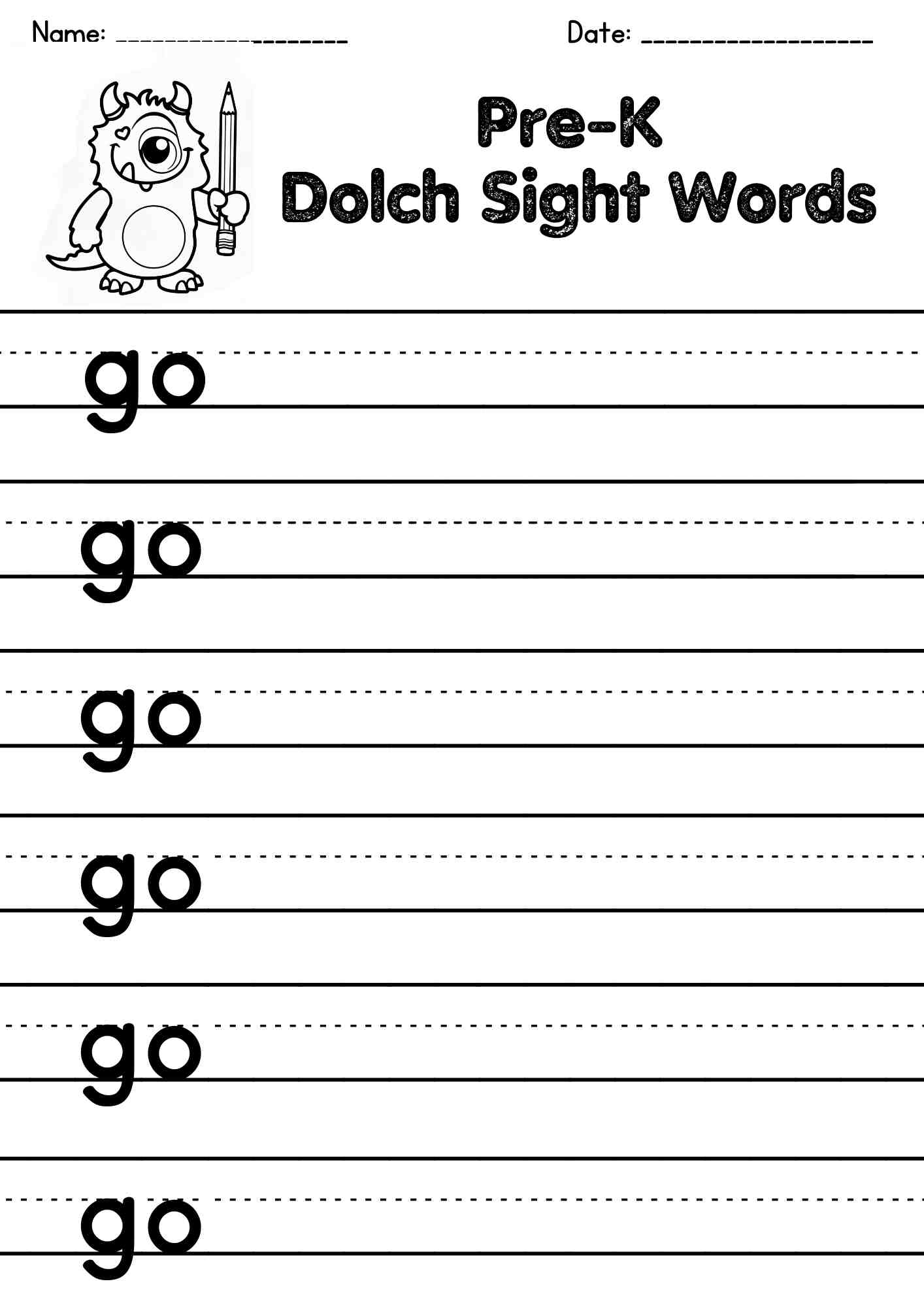 "go" Dolch Sight Word Writing Page – Free PDF Download